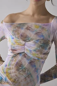 AFRM Ramsey Semi-Sheer Printed Mesh Ruched Bodycon Mini Dress