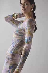 AFRM Ramsey Semi-Sheer Printed Mesh Ruched Bodycon Mini Dress