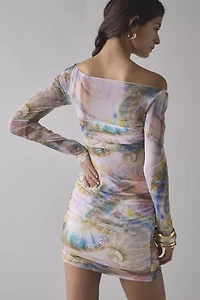 AFRM Ramsey Semi-Sheer Printed Mesh Ruched Bodycon Mini Dress