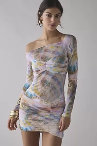 AFRM Ramsey Semi-Sheer Printed Mesh Ruched Bodycon Mini Dress