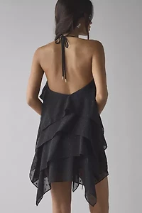 AFRM Decima Clip Dot Chiffon Tiered Ruffle Halter Mini Dress