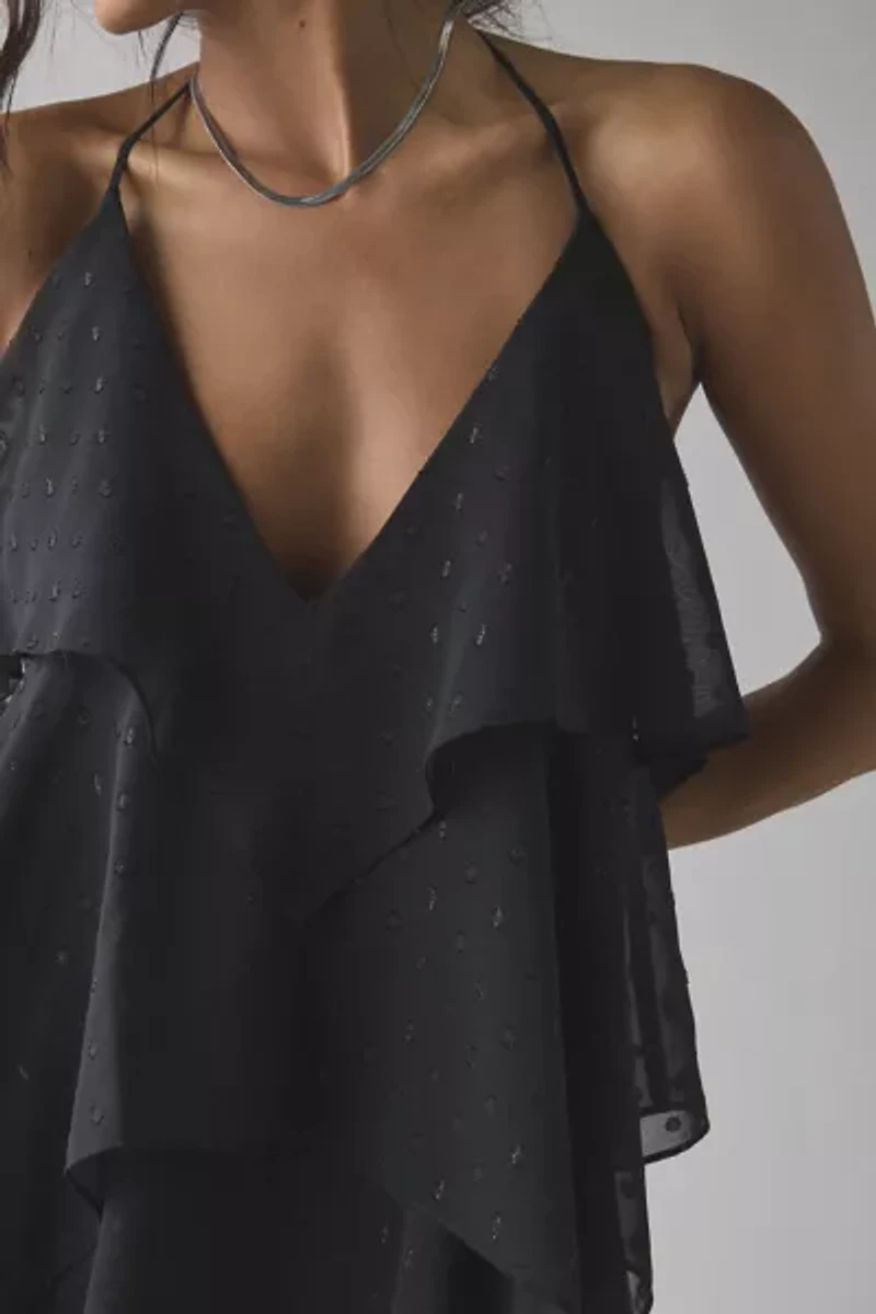 AFRM Decima Clip Dot Chiffon Tiered Ruffle Halter Mini Dress