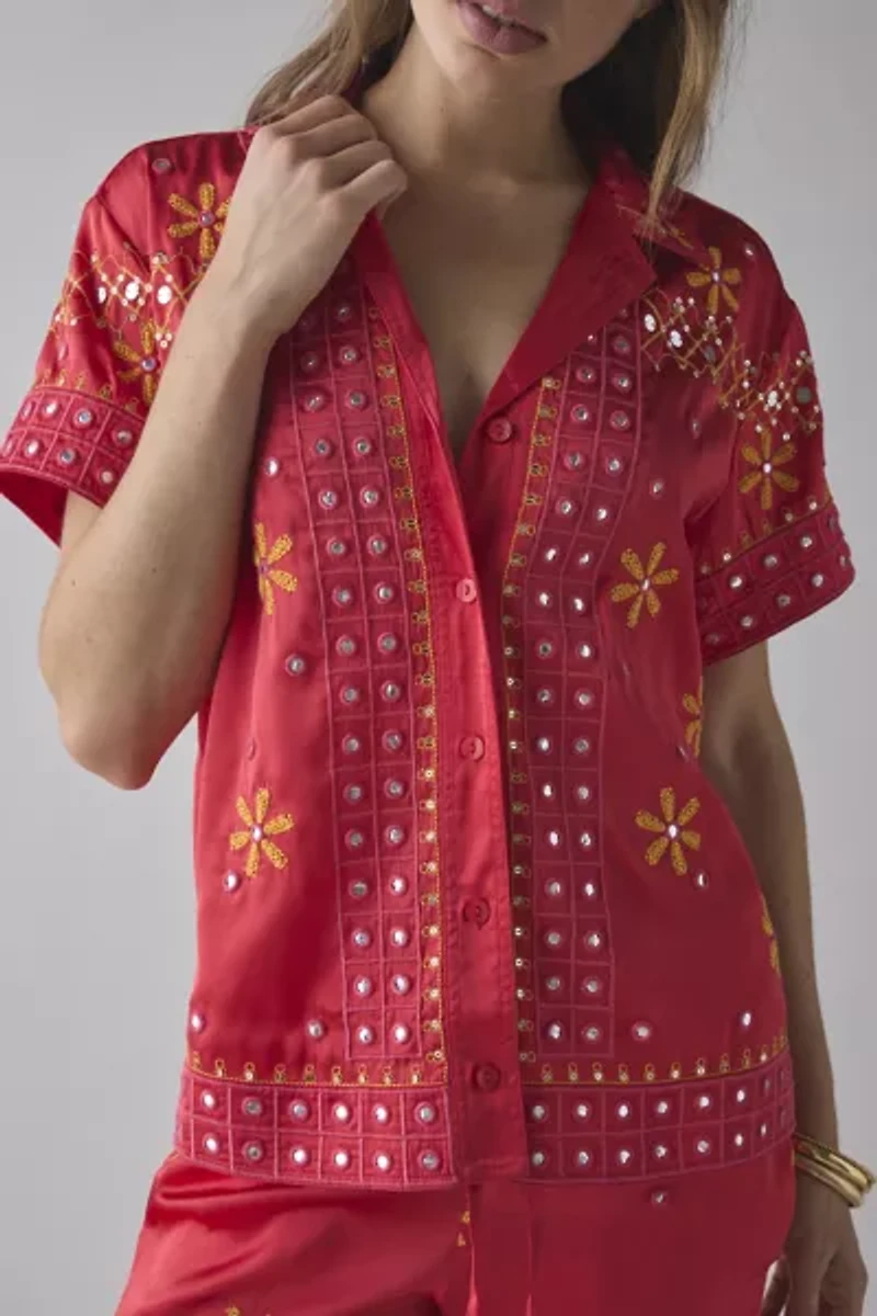 BDG Nash Satin Mirror Sequin Souvenir Short Sleeve Button-Down Shirt
