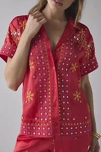 BDG Nash Satin Mirror Sequin Souvenir Short Sleeve Button-Down Shirt