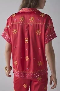 BDG Nash Satin Mirror Sequin Souvenir Short Sleeve Button-Down Shirt