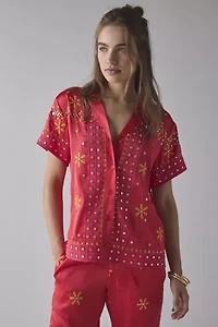 BDG Nash Satin Mirror Sequin Souvenir Short Sleeve Button-Down Shirt
