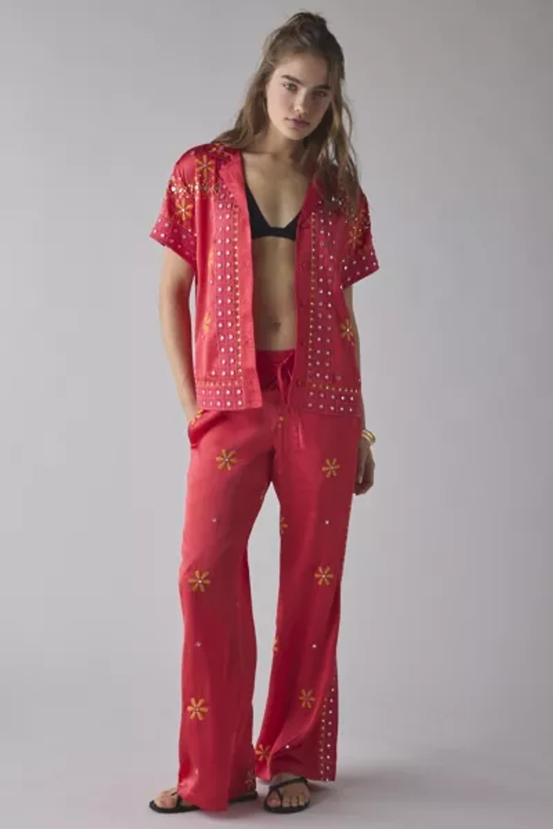 BDG Nash Satin Mirror Sequin Souvenir Short Sleeve Button-Down Shirt