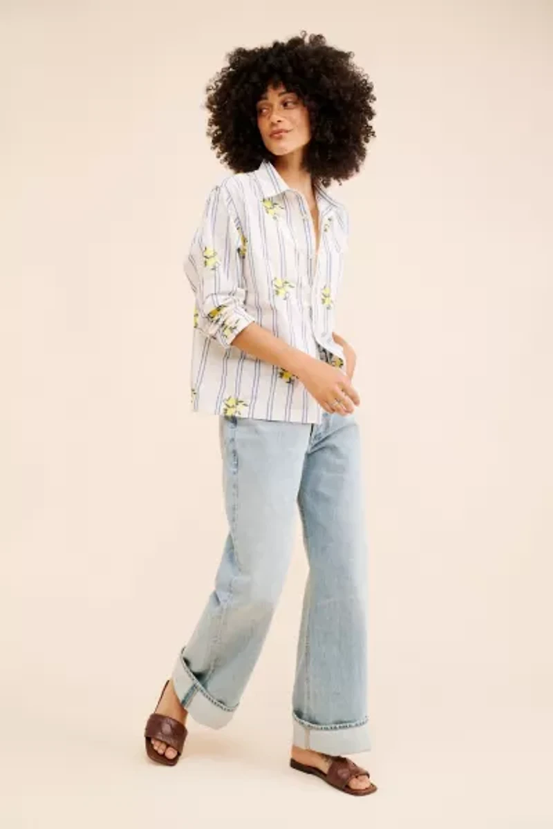 BDG Men's Striped Embroidered Lemon Shirt