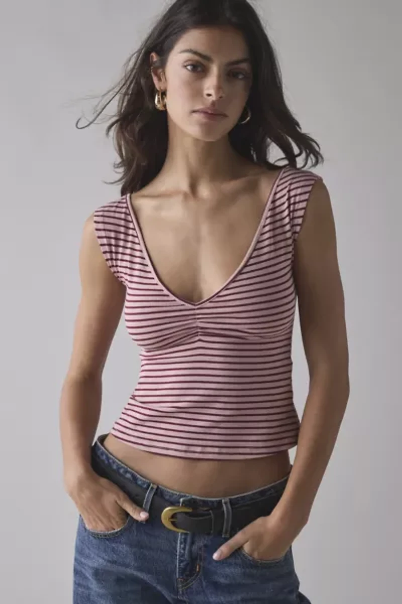 Motel Danisha Tonal Stripe V-Neck Cropped Tee