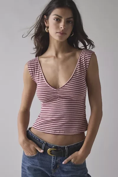 Motel Danisha Tonal Stripe V-Neck Cropped Tee