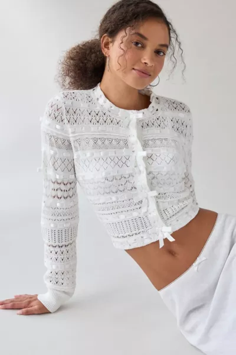 LoveShackFancy Roselline Ribbon Cotton Knit Cardigan