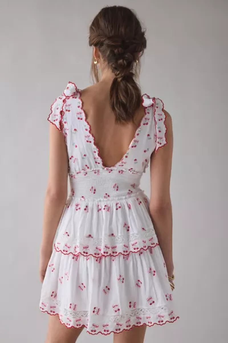 LoveShackFancy Soria Cherry Plunging Tie-Strap Smocked Mini Dress