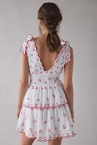LoveShackFancy Soria Cherry Plunging Tie-Strap Smocked Mini Dress