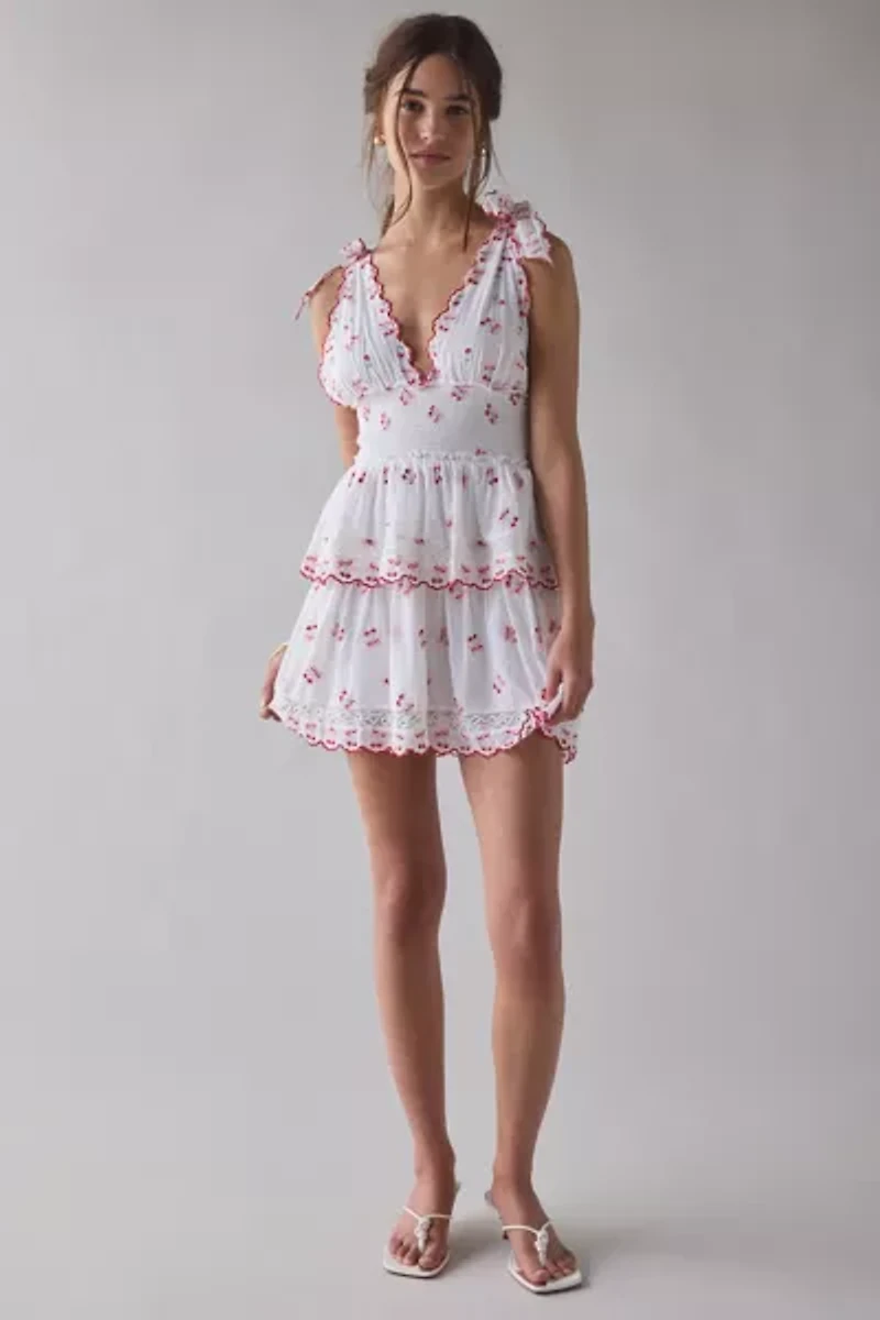 LoveShackFancy Soria Cherry Plunging Tie-Strap Smocked Mini Dress