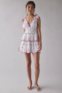 LoveShackFancy Soria Cherry Plunging Tie-Strap Smocked Mini Dress