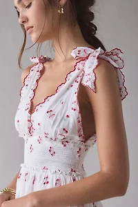 LoveShackFancy Soria Cherry Plunging Tie-Strap Smocked Mini Dress