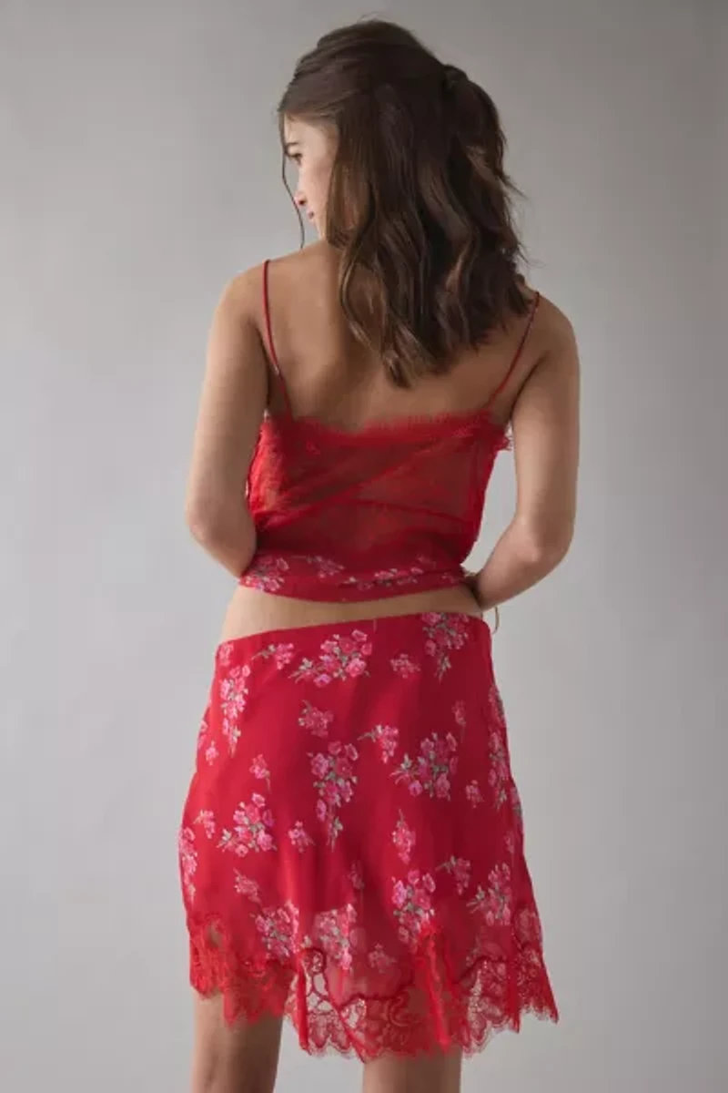 LoveShackFancy Darlington Lace Trim Satin Slip Mini Skirt