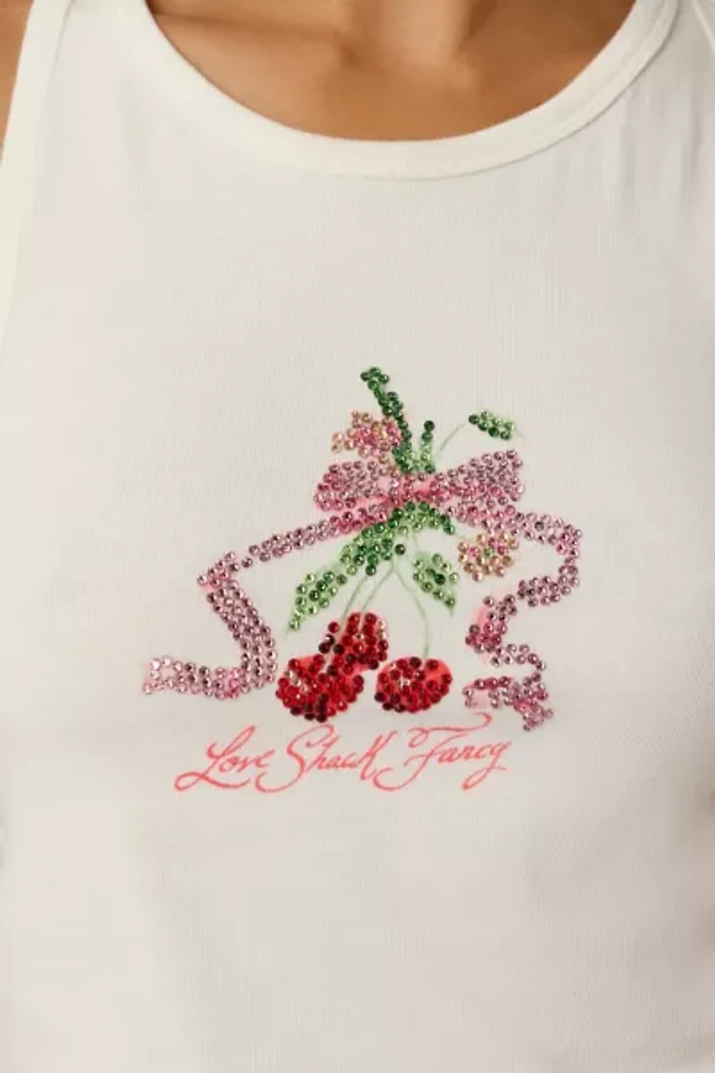 LoveShackFancy Kaleen Cherry Rhinestone Graphic Cropped Tank Top