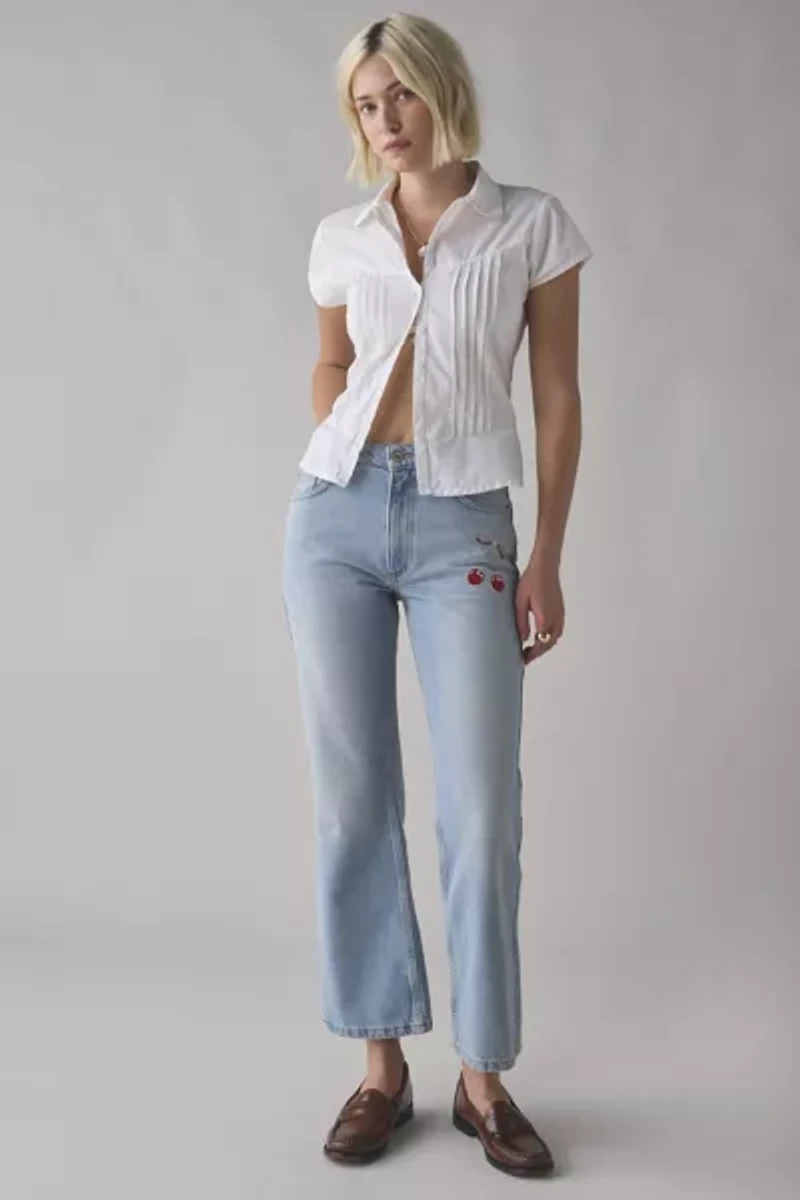LoveShackFancy Sami Cherry Embroidered Mid-Rise Straight Jean