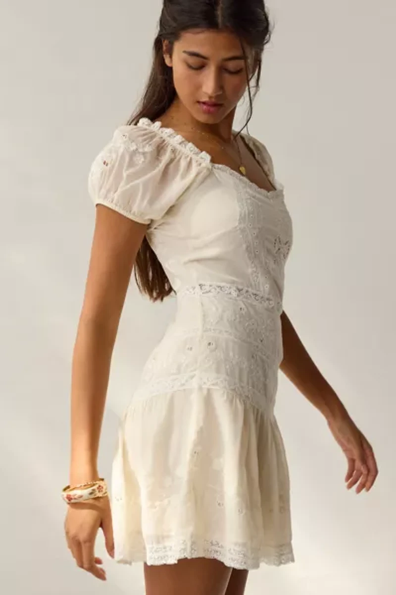 LoveShackFancy Belvine Lace-Trim Drop Waist Mini Dress