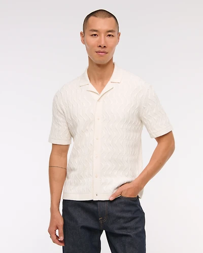 Geometric Stitch Button-Through Sweater Polo