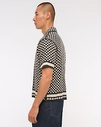 Crochet-Style Border Stripe Button-Through Sweater Polo