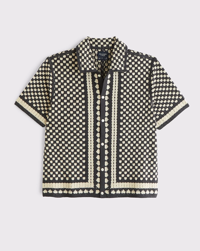 Crochet-Style Border Stripe Button-Through Sweater Polo
