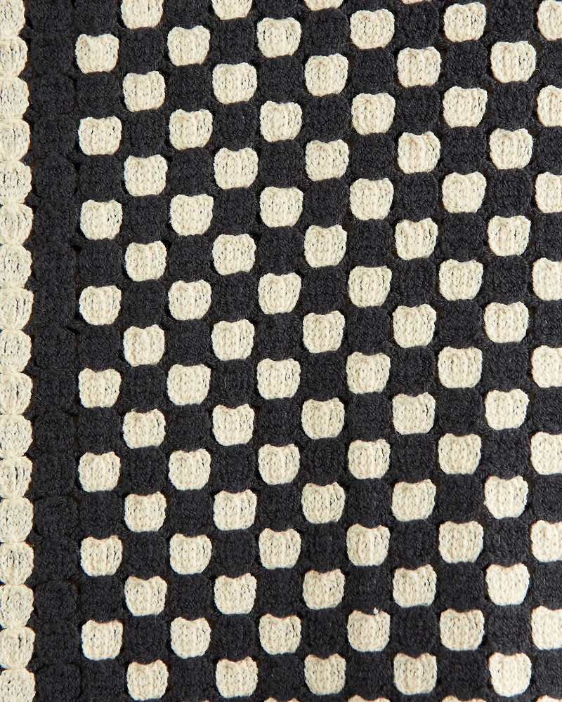 Crochet-Style Border Stripe Button-Through Sweater Polo