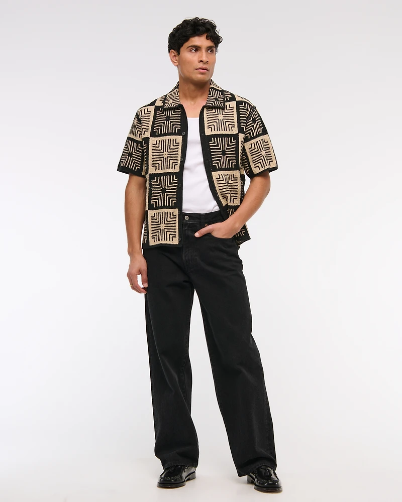 Crochet-Style Border Stripe Button-Through Sweater Polo