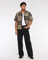 Crochet-Style Border Stripe Button-Through Sweater Polo