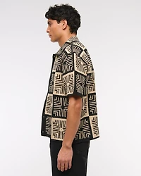 Crochet-Style Border Stripe Button-Through Sweater Polo