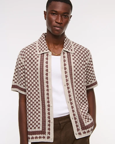 Crochet-Style Border Stripe Button-Through Sweater Polo