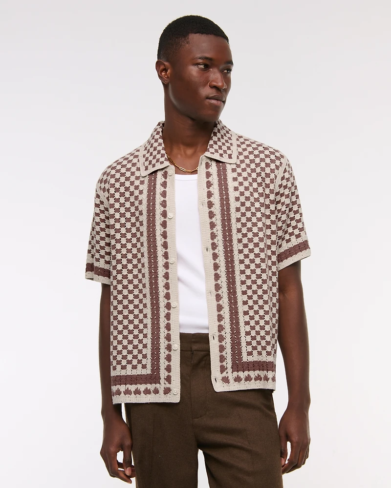 Crochet-Style Border Stripe Button-Through Sweater Polo