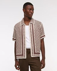 Crochet-Style Border Stripe Button-Through Sweater Polo