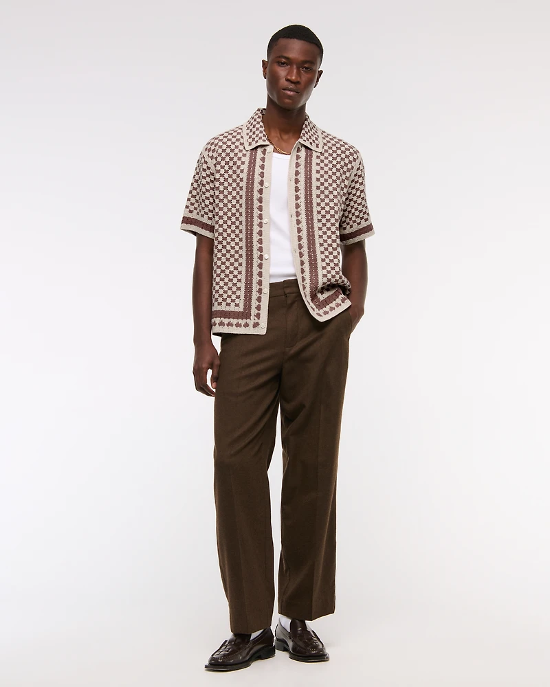 Crochet-Style Border Stripe Button-Through Sweater Polo