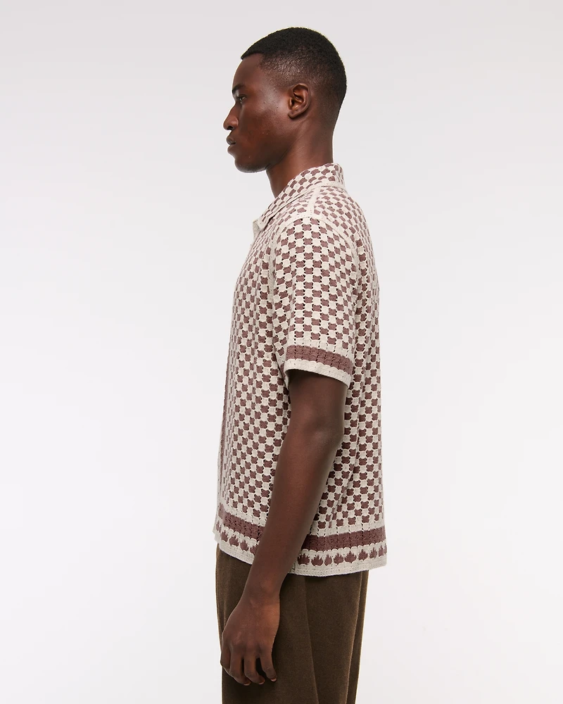 Crochet-Style Border Stripe Button-Through Sweater Polo
