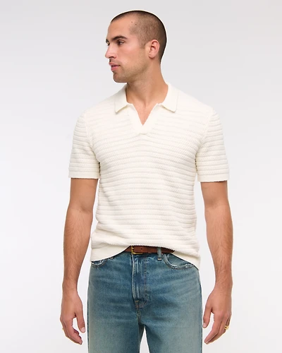 Textural Striped Johnny Collar Sweater Polo