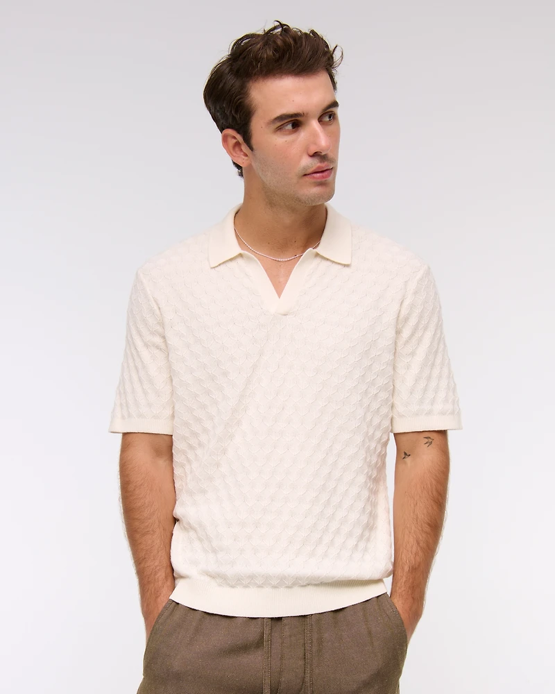 Pointelle Stitch Johnny Collar Sweater Polo