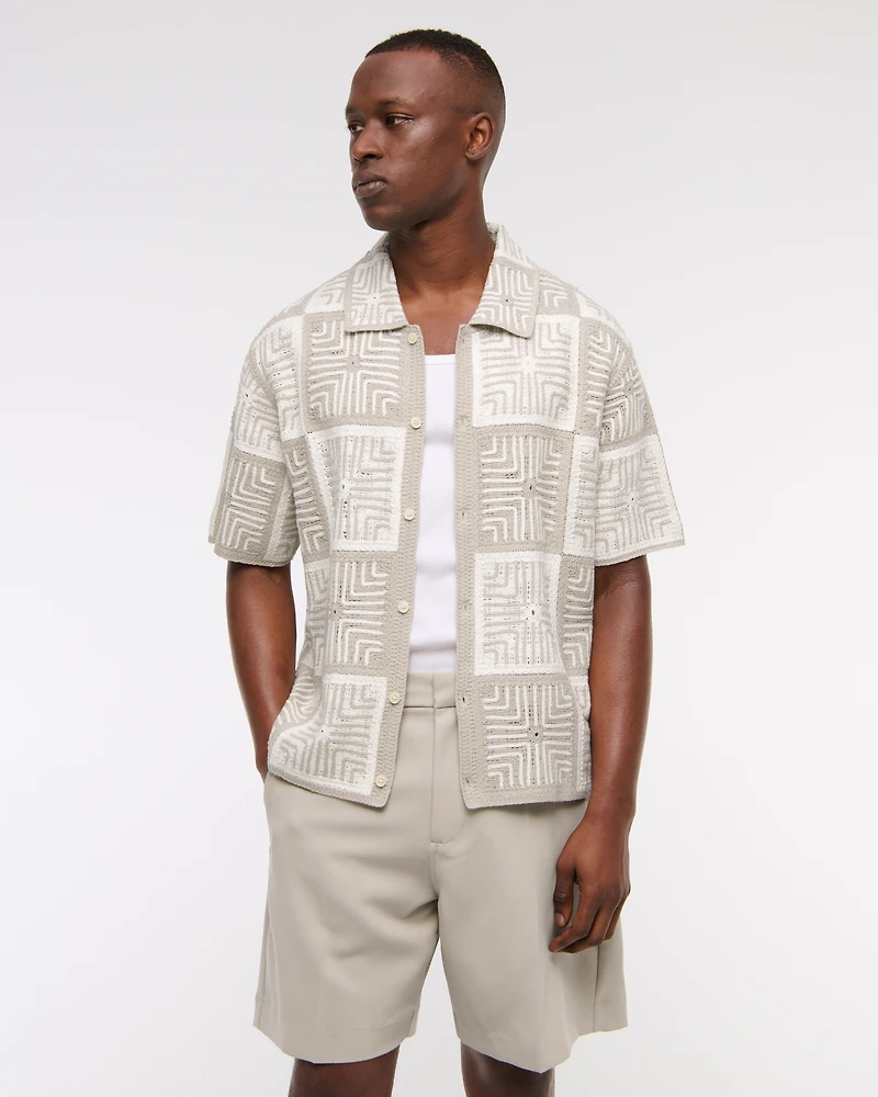 Crochet-Style Geometric Button-Through Sweater Polo