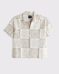 Crochet-Style Geometric Button-Through Sweater Polo