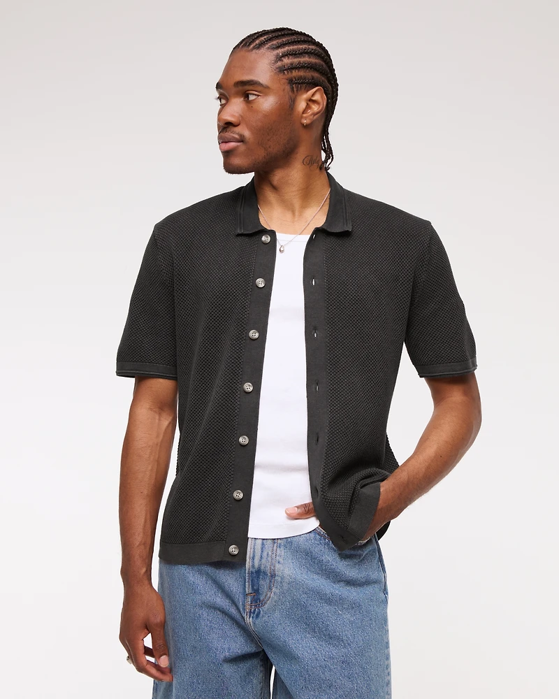 Garment Dye Button-Through Sweater Polo