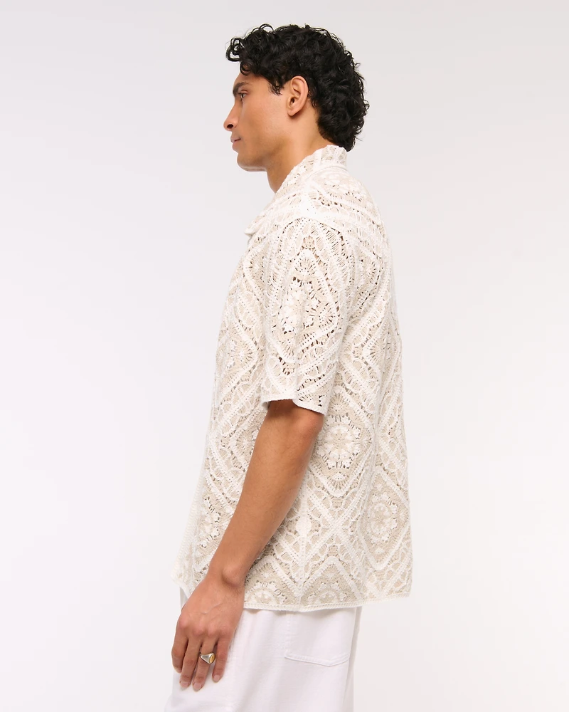 Crochet-Style Floral Button-Through Sweater Polo
