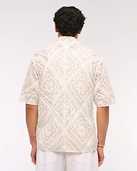 Crochet-Style Floral Button-Through Sweater Polo