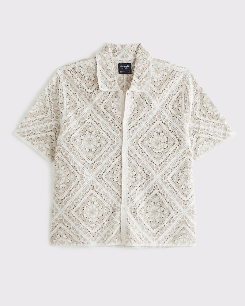 Crochet-Style Floral Button-Through Sweater Polo