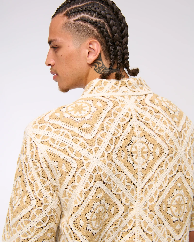 Crochet-Style Floral Button-Through Sweater Polo