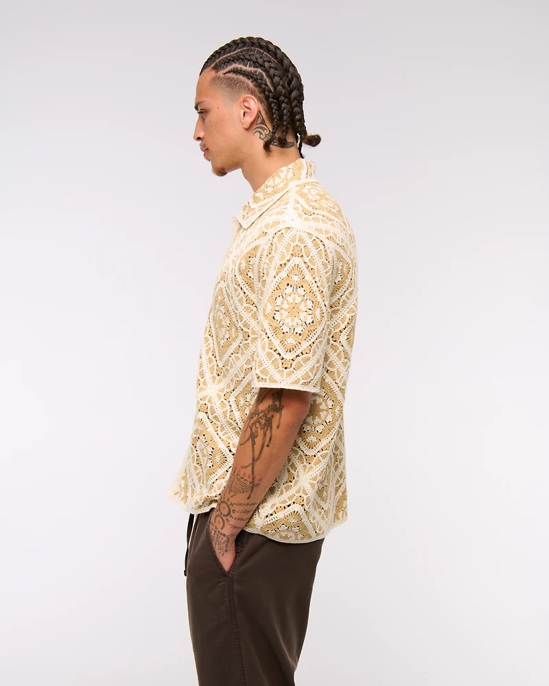 Crochet-Style Floral Button-Through Sweater Polo