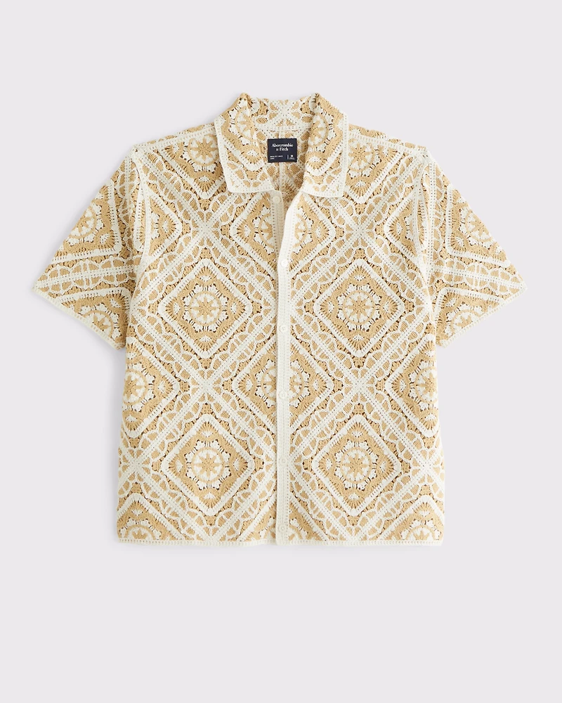 Crochet-Style Floral Button-Through Sweater Polo