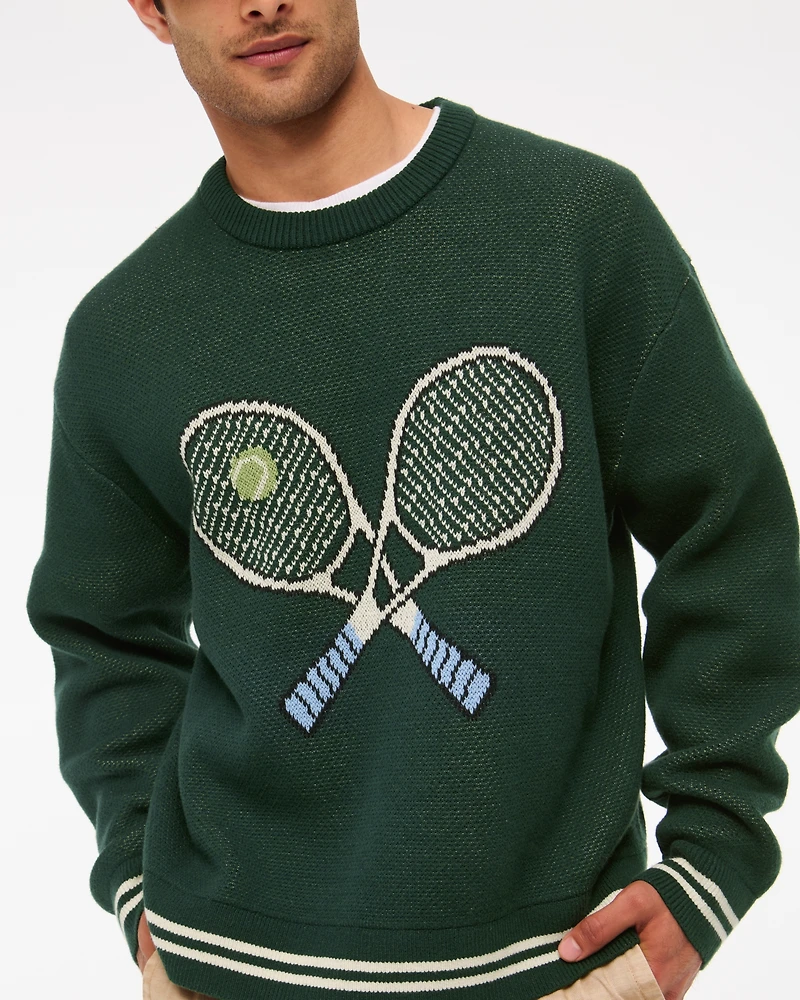 Oversized Tennis Racket Graphic Crew Sweater