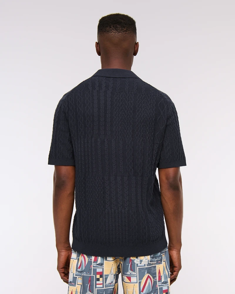 Cable Patchwork Johnny Collar Sweater Polo