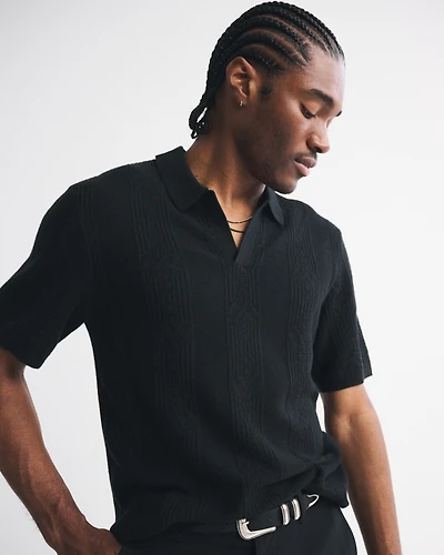 Textural Striped Johnny Collar Sweater Polo